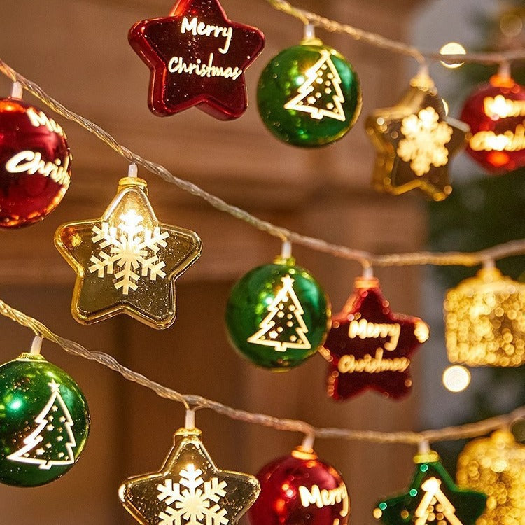 Christmas electroplating Tianluo ball light string, holiday arrangement, round ball five-pointed star flashing light, indoor Christmas tree pendant light string