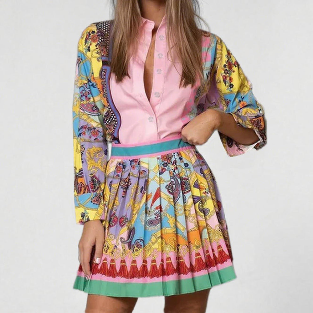 cross-border e-commerce european and american women's clothing: new summer collection - printed long-sleeve shirt and pleated skirt two-piece set