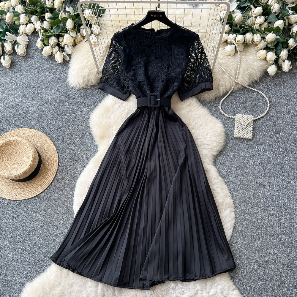 Frenchretrocut out short-sleeved dress women's summerk-style waist slimming lookclassy sense pleated long skirt work clothing