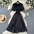 Frenchretrocut out short-sleeved dress women's summerk-style waist slimming lookclassy sense pleated long skirt work clothing