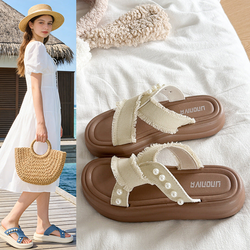 Thick sole denim pearl cross strap slippers women's summernew arrivalniche style design fashioneasiest for matchoutwear women's one-line slippers