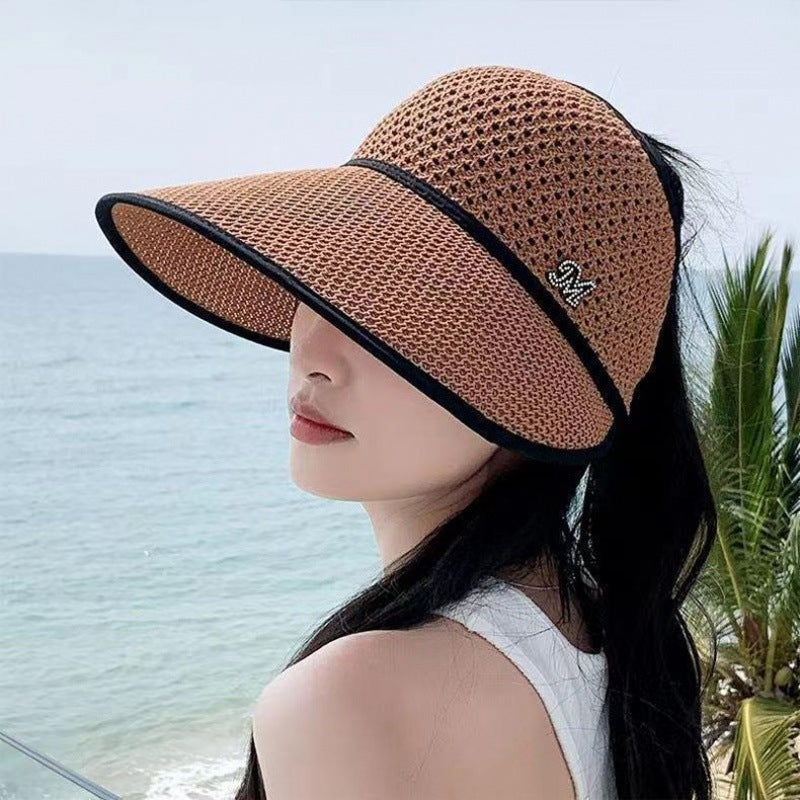 Summer new big brim, small face can be tied ponytail sun hat, face covering sun hat, straw woven hollow hat