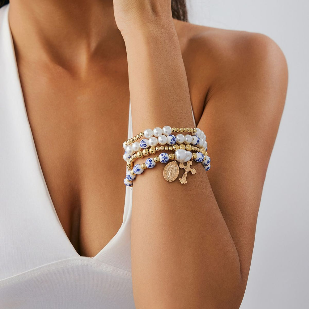 Wholesale blue and white porcelain beaded bracelets - european and american cross-border retro chinese style personalized faux pearl cross pendant jewelry