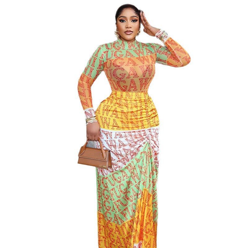 Fashion style cross-border printing elegant women's clothing work clothing waist bag hip skirt high collar long sleevespatchwork slightly see-through dress trendy