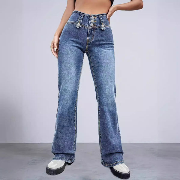 In 2024,   women's denim horn casual trousers, four rows of European and American fashion new speakers