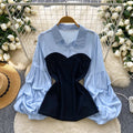 French-inspired, faux two-piece top for women, perfect for autumn. features a soft, feminine style with pleated lantern sleeves and a flattering, slim-fit design. a trendy and chic blouse