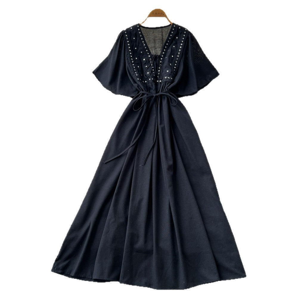 French-style embroidered v-neck dress - women's summer korean style short sleeve slimming a-line maxi dress - vacation ready