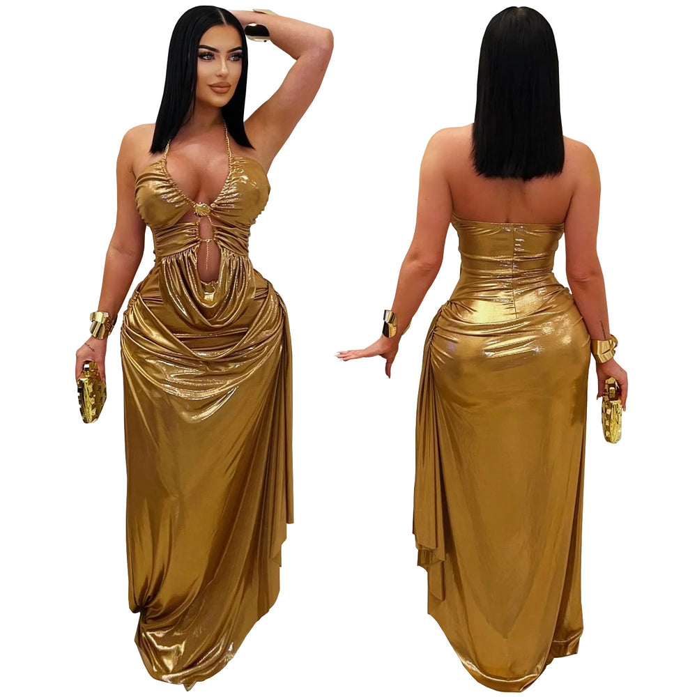 C7491 cross-border   fashion women's sexy halter gold chain ruched sleeveless dress