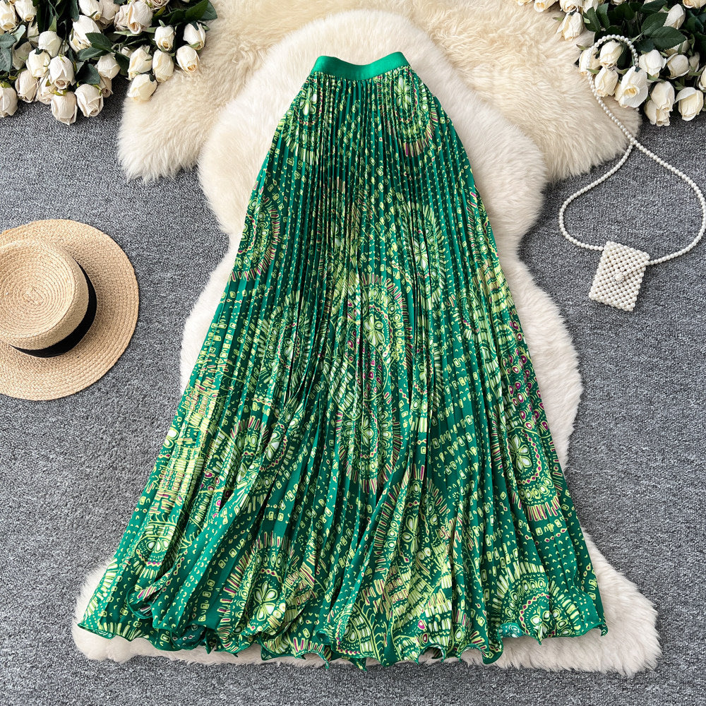 Vintage print pleated elastic waist fashion skirt - women's high-waisted a-line skirt - commute-friendly, flowy maxi skirt for summer