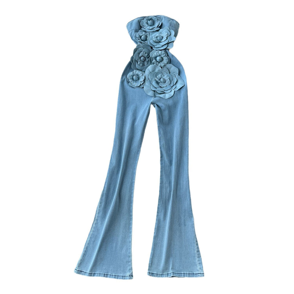 Spring and summer fashionins heavy industry stereo flower sleeveless tube top waist silm denim jumpsuit flared pants for women