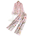 Korean style commute chic floral print two-piece set: women's autumn polo shirt and wide-leg pants outfit