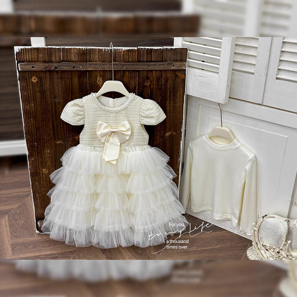 Girls' dress  autumn new style elegant formal dress bowknot mesh skirt flower girl princess dress birthday outfit