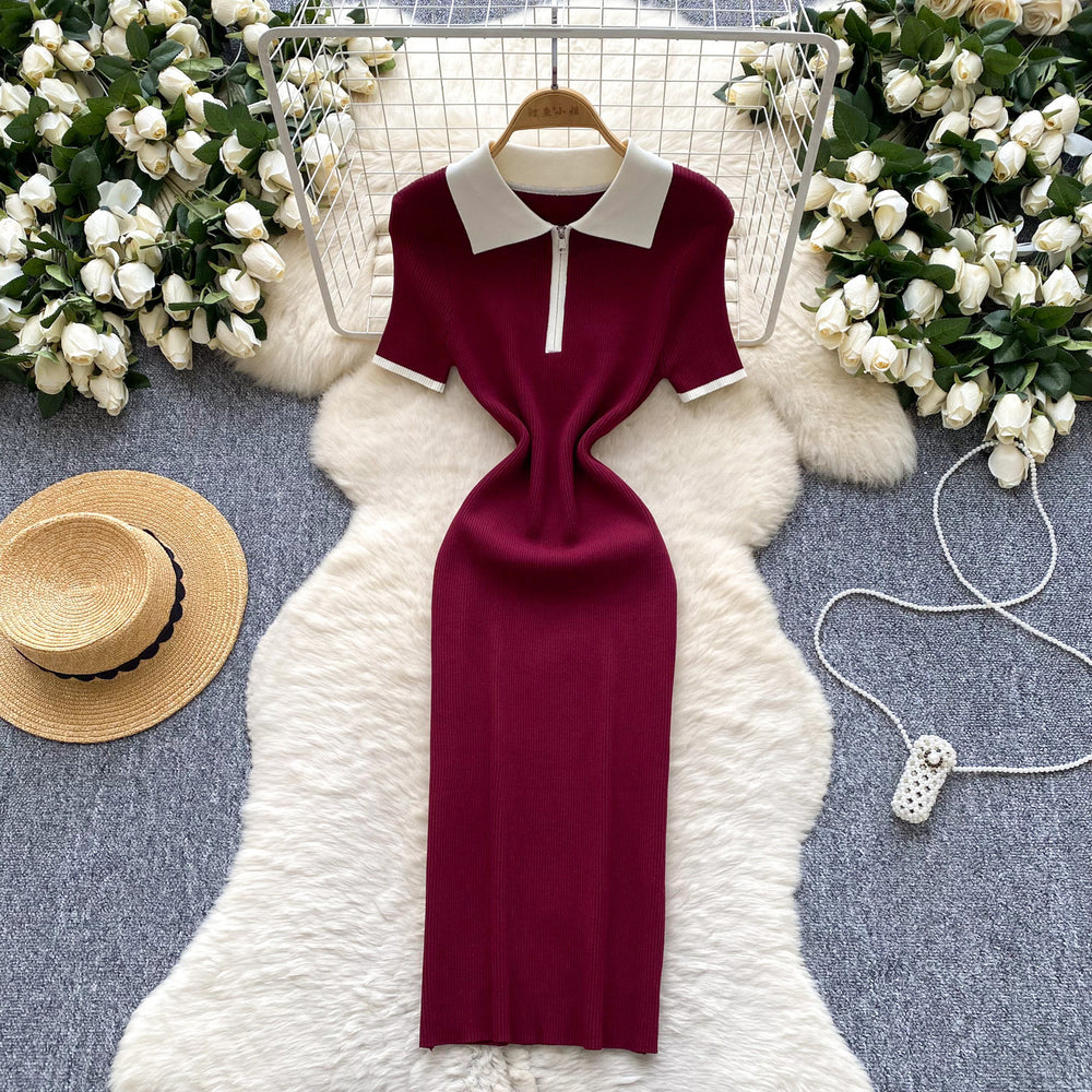 Korean ins summer new style niche styleretro polo collar short sleeve silmslimming lookelegant hip-covering knittingdress