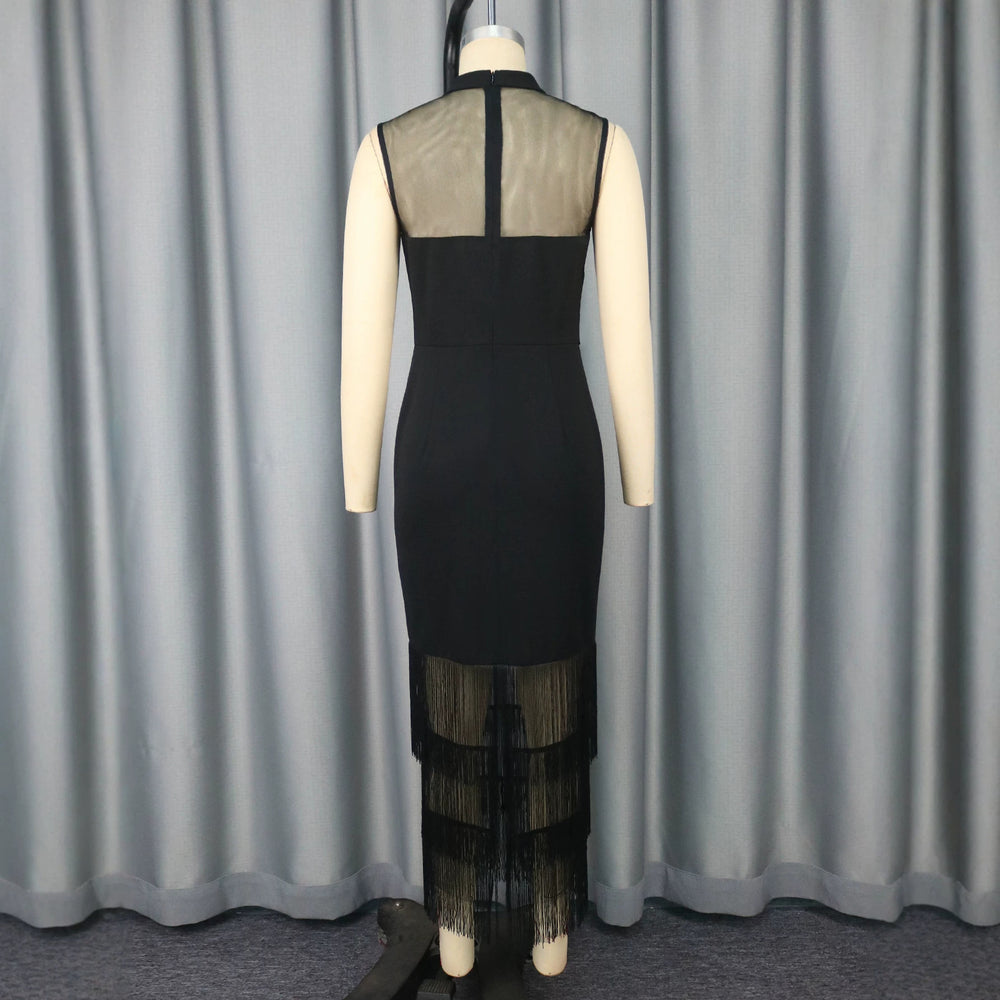 High neck see-through sexy mesh panel sleeveless bodycon dress with tassel hem - slim fit elegant evening gown