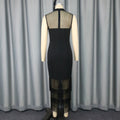 High neck see-through sexy mesh panel sleeveless bodycon dress with tassel hem - slim fit elegant evening gown