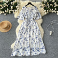 Gentle style female niche styleretro tea break v neck bell sleeves tie back waist slimming look a-line large swing floral dress for women