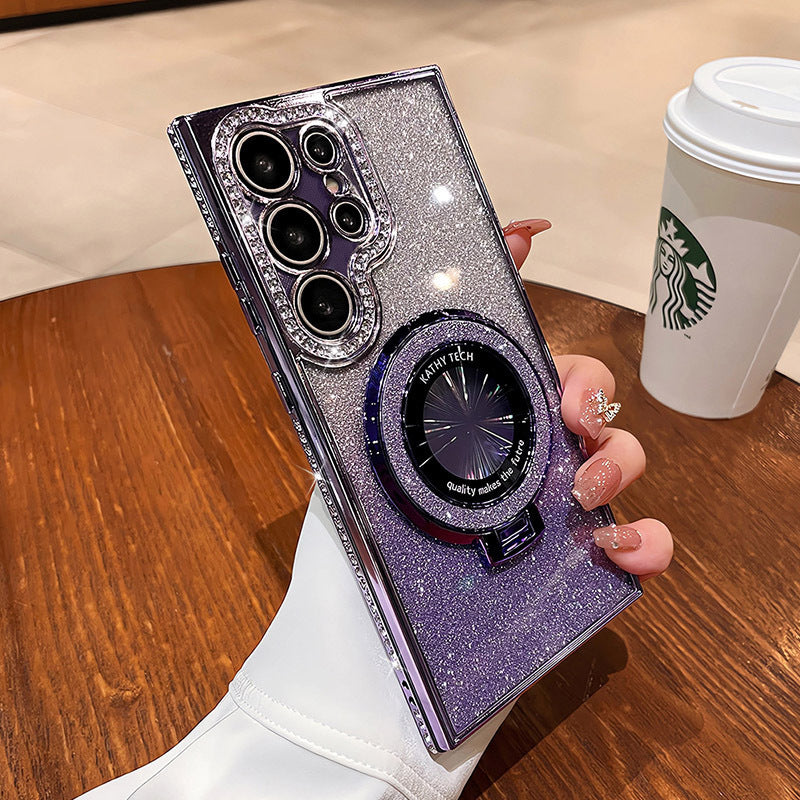 Suitable for samsung s25 protective case s26 edge diamond phone case s24 transparent rhinestone magnetic stand a56 anti-fall glitter powder