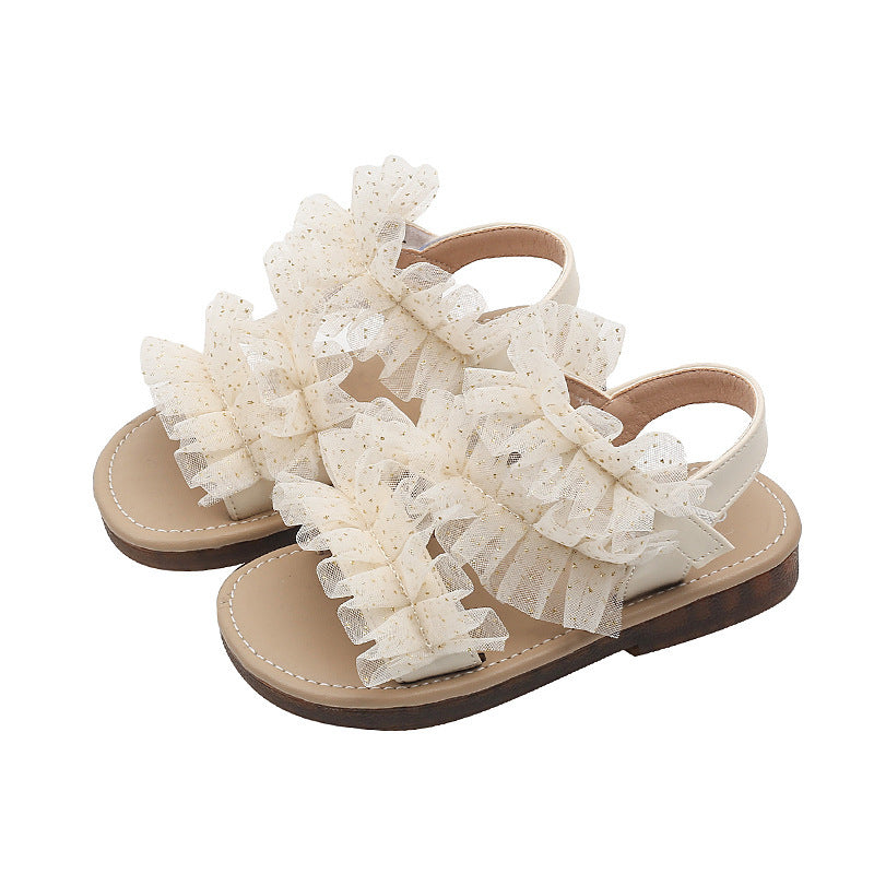 Fancahao shein mesh girls' princess shoes  summer new children's soft sole sandals flat beach shoes