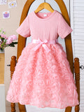 Girls' dress for toddlers and young children, 3d rose and bow dress