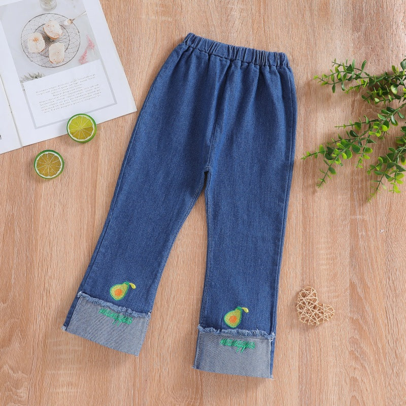spring/autumn girls' casual embroidered denim fashion pants - korean style, trendy cartoon jeans for toddlers and children