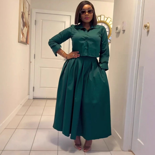 European and American women's clothing fashion lapel collar long sleeve waist thin short shirt women's African solid color large size skirt set