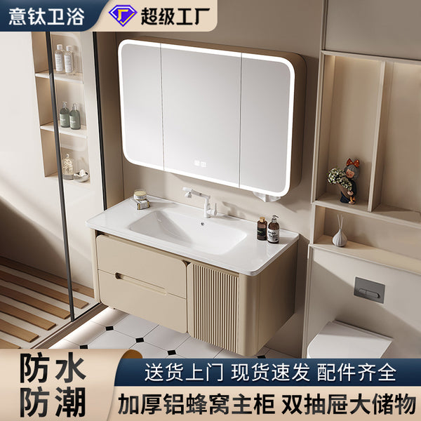 Thickened honeycomb aluminum bathroom cabinet anti-collision arc wash basin cabinet combination bathroom cabinet with drawers ceramic integrated basin
