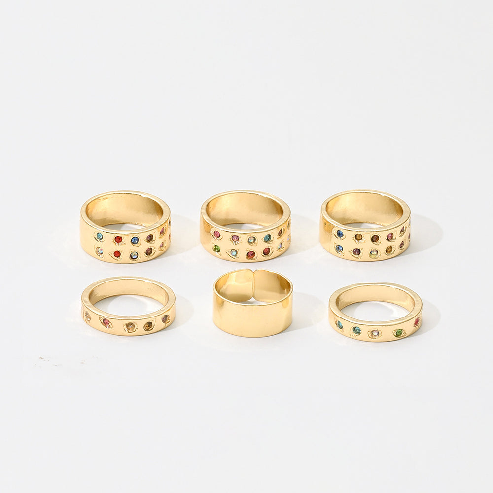 European and american cross-border retro dopamine colorful ring set - 6 piece set, unique and niche double row diamond-set alloy finger rings and jewelry