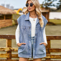 Fashion cross-border women's clothing  new independent station stylishflap pocket pantscasual washed denim vest waistcoat tops