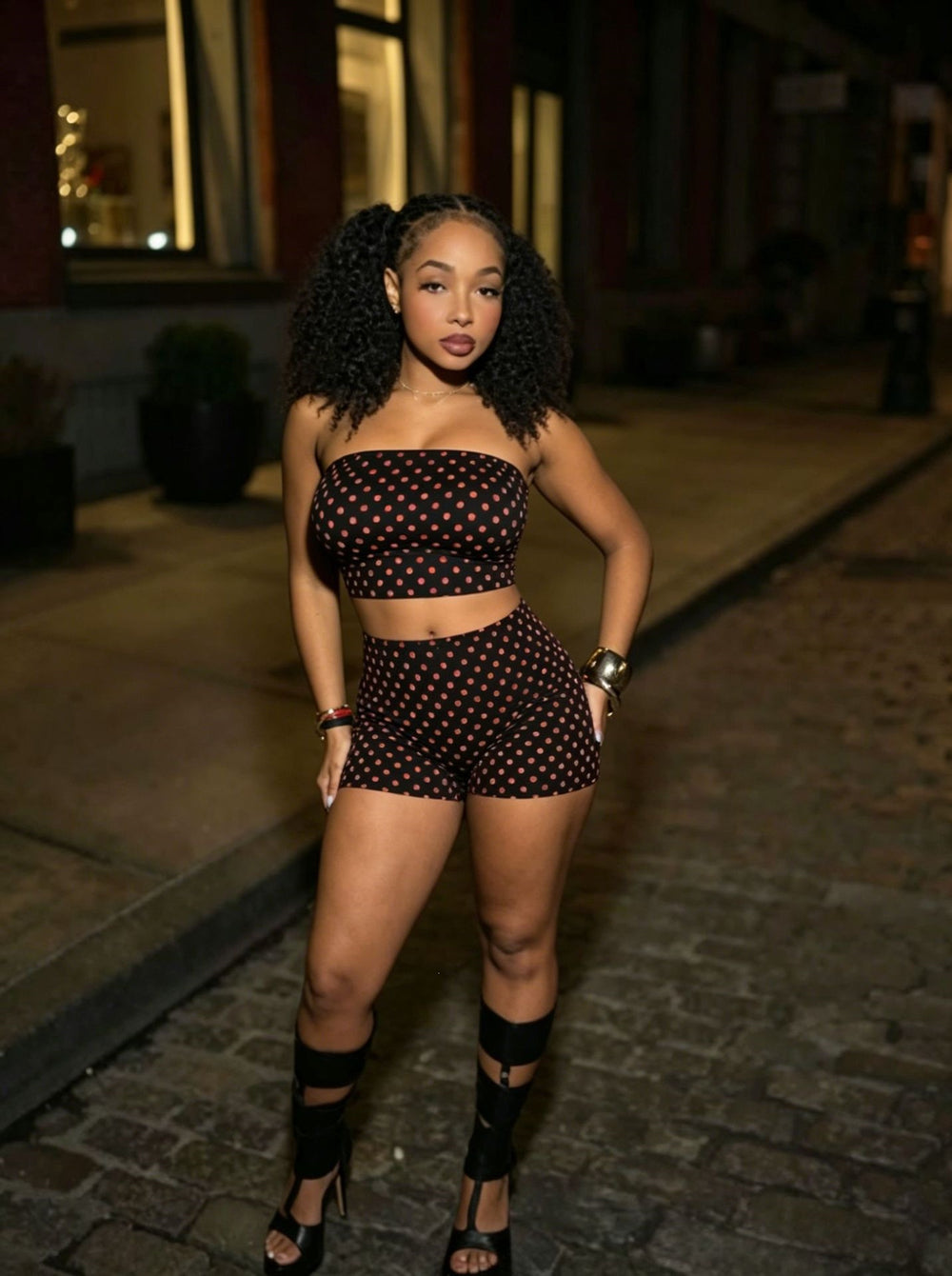 Amazon ins same style women's sexy hot girl black bottom polka dot tube top shorts two-piece set small person looks great