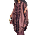 Burgundy satin pleated lace shawl jumpsuit suit african loosev neck robe elegance dinner two-piece set