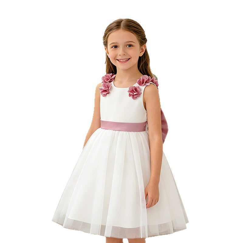 Baby girl dress white flower girl dress first birthday princess dress summer children's day performance host bowknot