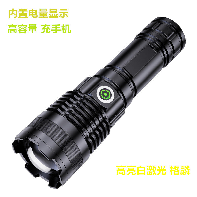 Cross-border telescopic white laser chip flashlight aluminum alloy strong light power display USB direct charging outdoor flashlight