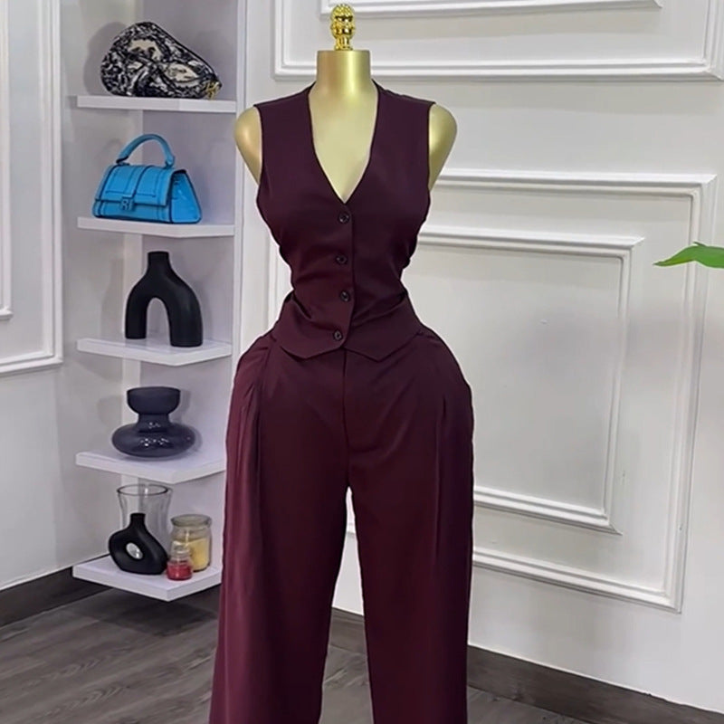 European and american cross-border women's fashion  autumn new arrival: high-end v-neck blazer vest top and wide-leg pants two-piece set