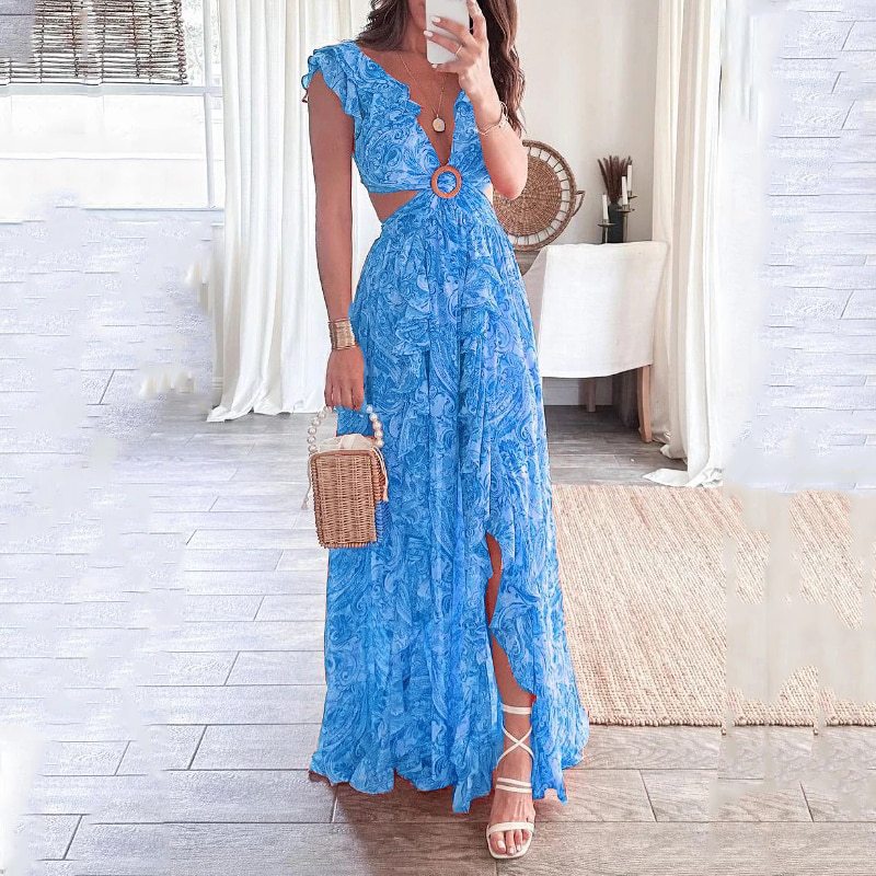summer new women's clothing: cross-border fashionable printed v-neck ruffle hem slit dress for export to europe and the us