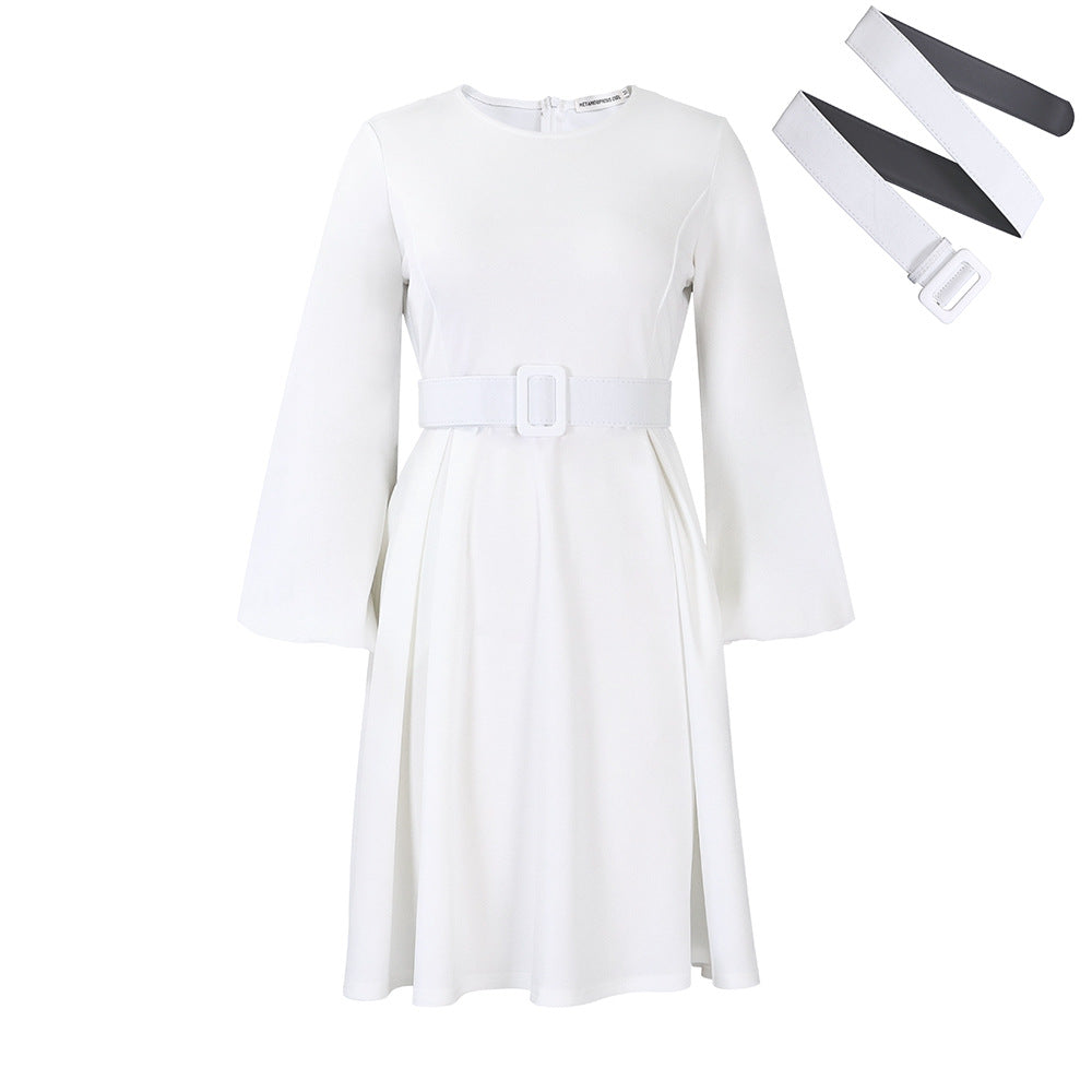 D418 belted african women's dress,  autumn/winter new arrival, long sleeve elegant round neck swing dress, european and american style