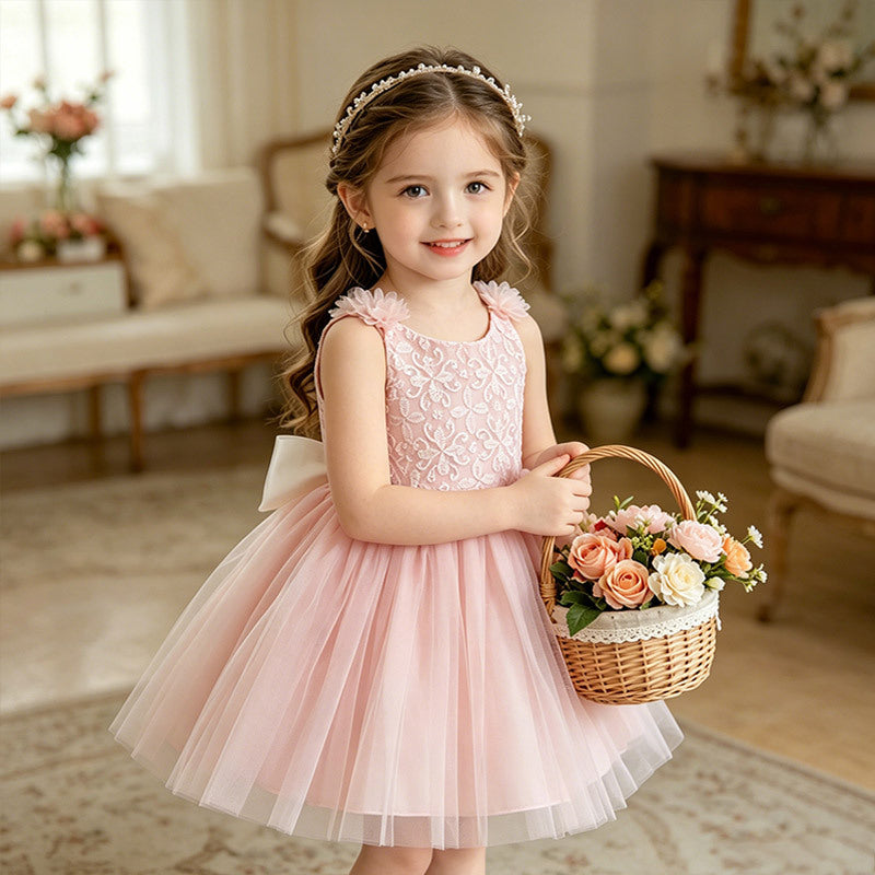 Girls' formal dress cross-border e-commerce vest dress with back bow, jacquard puffy skirt, birthday princess dress - ready stock wholesale