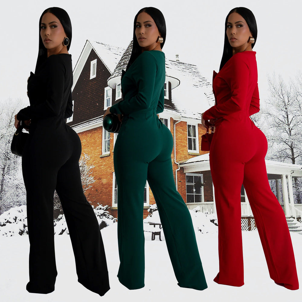 C7201 cross-border   fashion women's long-sleeve arm-hugging pants slim-fit solid color jumpsuit