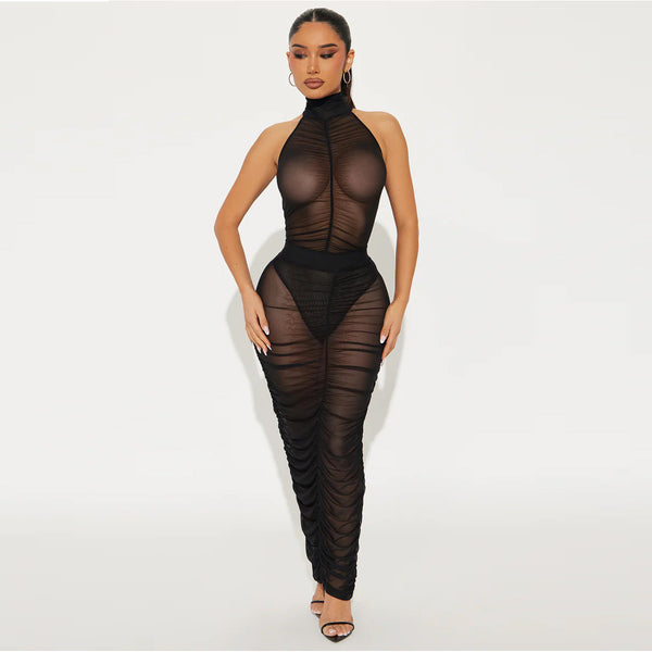 European and American  women's clothing new sexy mesh perspective sleeveless onesie pleated skirt two-piece set 2012