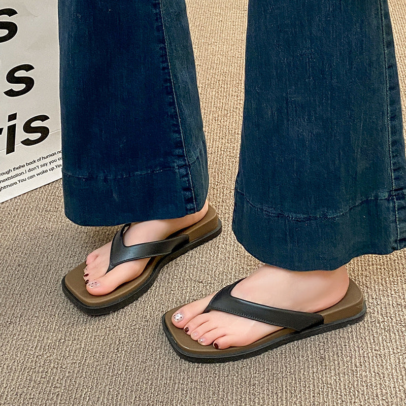Fashionclassy square toe flip-flops women's summernew arrivaloutwear wedge heel wasteland style color matching thick sole sandals