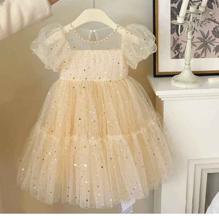 korean style princess dress for girls, summer party dress, baby girl puff sleeve mesh sequin dress for little girls