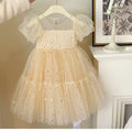 korean style princess dress for girls, summer party dress, baby girl puff sleeve mesh sequin dress for little girls