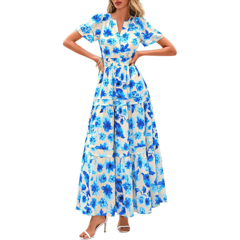 european and american retro floral short-sleeve v-neck dress - women's  summer new arrival a-line flowy vacation dress