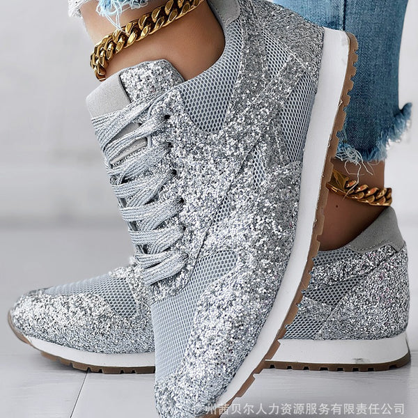 LZTA018 autumn new sequined muffin and breathable rhinestone platform student large size  women's shoes