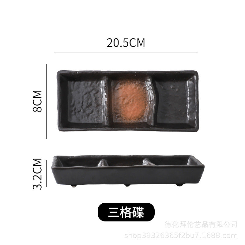 Japanese-style ceramic three-compartment dish - sauce, snack, and vegetable plate - rectangular sushi plate - restaurant-grade wholesale from manufacturer