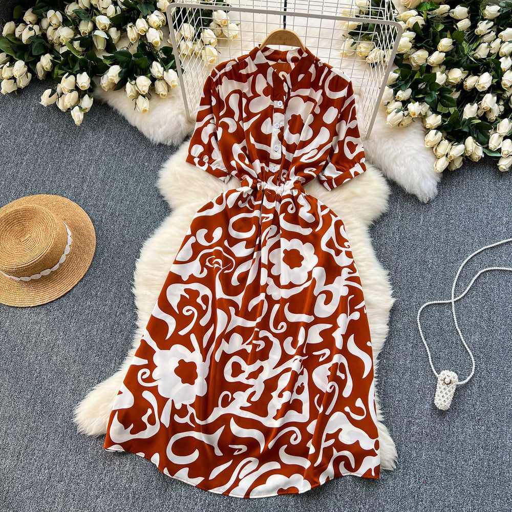 Niche stylesense of designprintingdressfemalenew arrivalsummer tie backwaist slimming lookmedium longvacation skirt