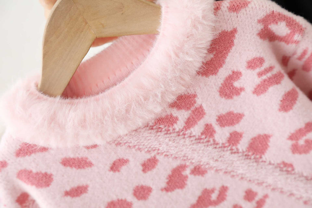 Kidssweatersuitsweet gentle super good-looking female soft and waxy printing leopard print stereo fur collar pulloversweater