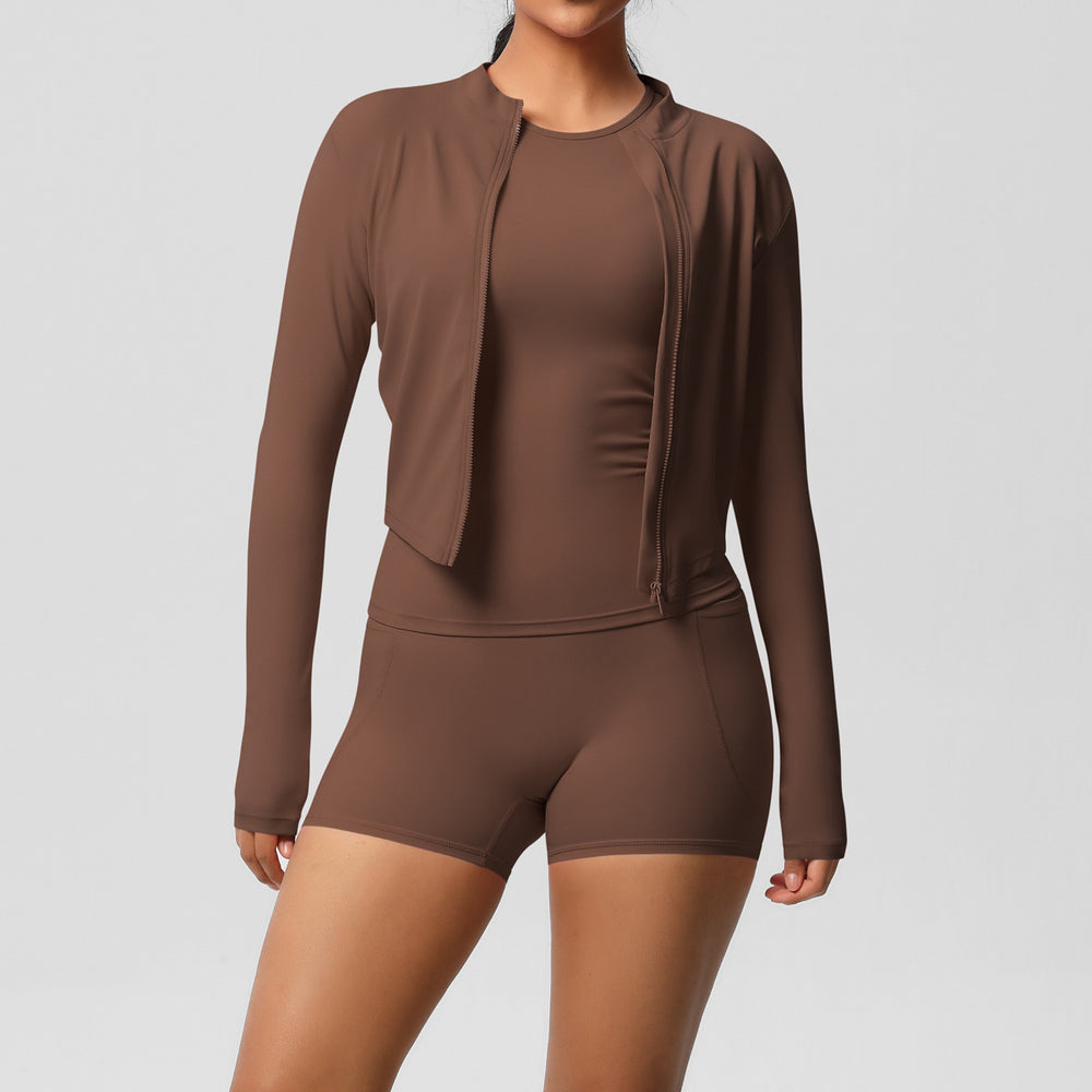 Fashion cross-border cloud-like brushed sports zipper outwearcasual running hip pocket shorts yoga clothes three-piece set