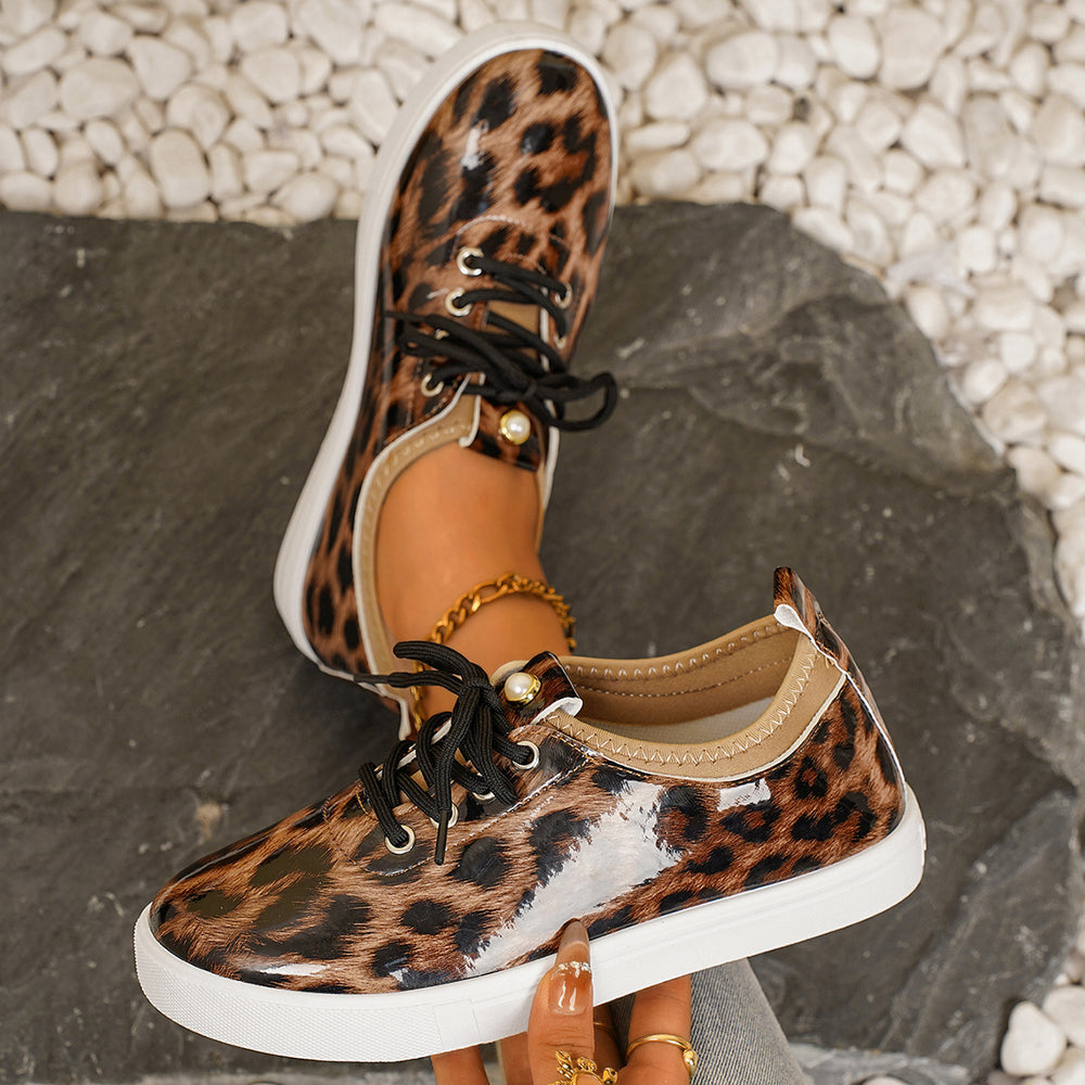 Export cross-border plus sizenew arrival leopard print thick sole sneakers women's waterproofnon-slip sports casual shoes tie backflats