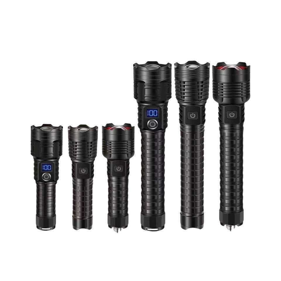 White laser telescopic zoom strong light flashlight power display USB charging household outdoor lighting strong light flashlight