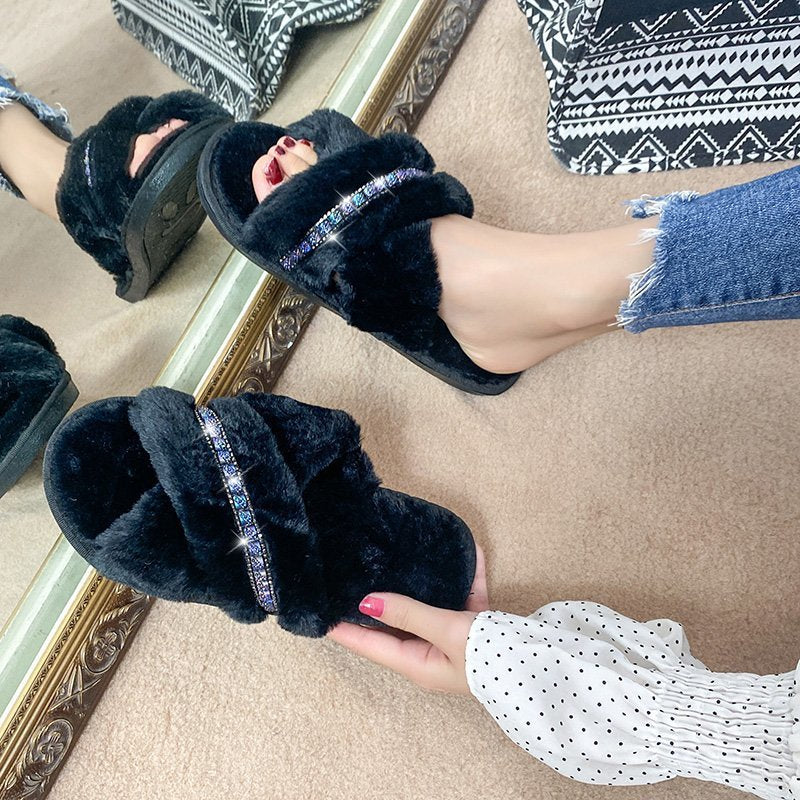 2024 new plush slippers for women, european and american fashion crossover one-strap warm slippers, direct from the manufacturer, cotton slippers